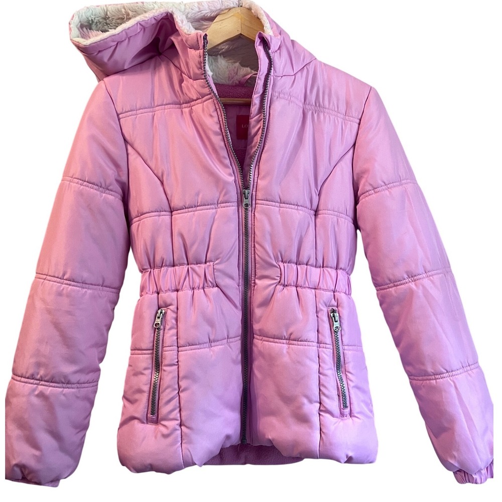 London Fog Puffer Jacket Kids Size L 14-16 Pink Hooded Faux Fur EUC